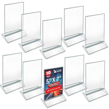 Azar Displays Silver Double-Sided Clear Acrylic Frames with Accent Trim 5 W x 7 H, 10PK 152799-SLV-10PK